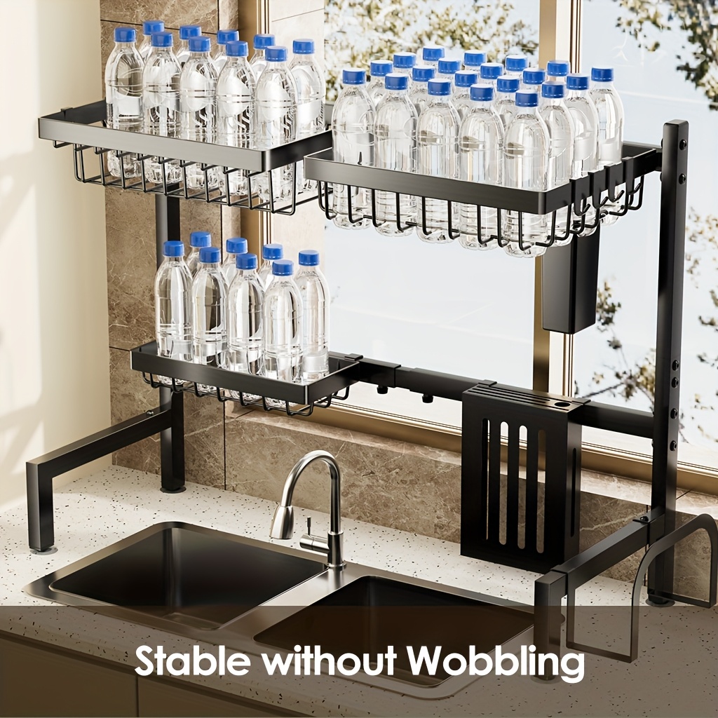 Expandable Multi-Tier Black Kitchen Organizer with Dish Rack, Drainage Tray, Spice Shelf & Towel Holder - Space-Saving Sink Storage for Dishes, Utensils | Durable Black Metal | Dustproof Design, Kitchen Accessories, Kitchen Organizers And Storage
