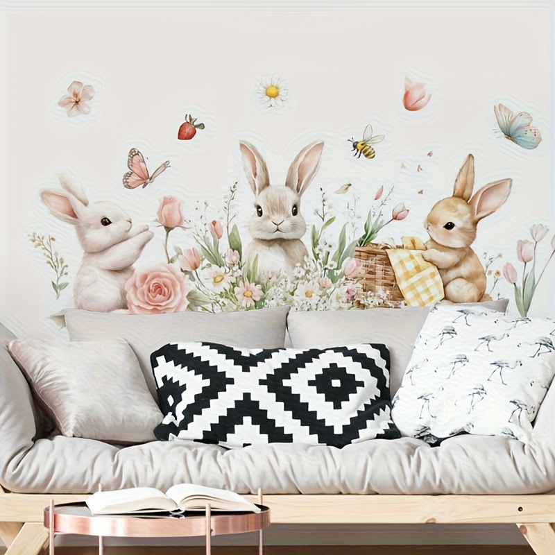 Image of Stickers Of 3 Cartoon Rabbits Having A Picnic In A Flower Bush, Perfect For Decorating The Living Room, Kitchen, Dining Room, And Bedroom. Removable Pvc Wall Decals Are Self-adhesive