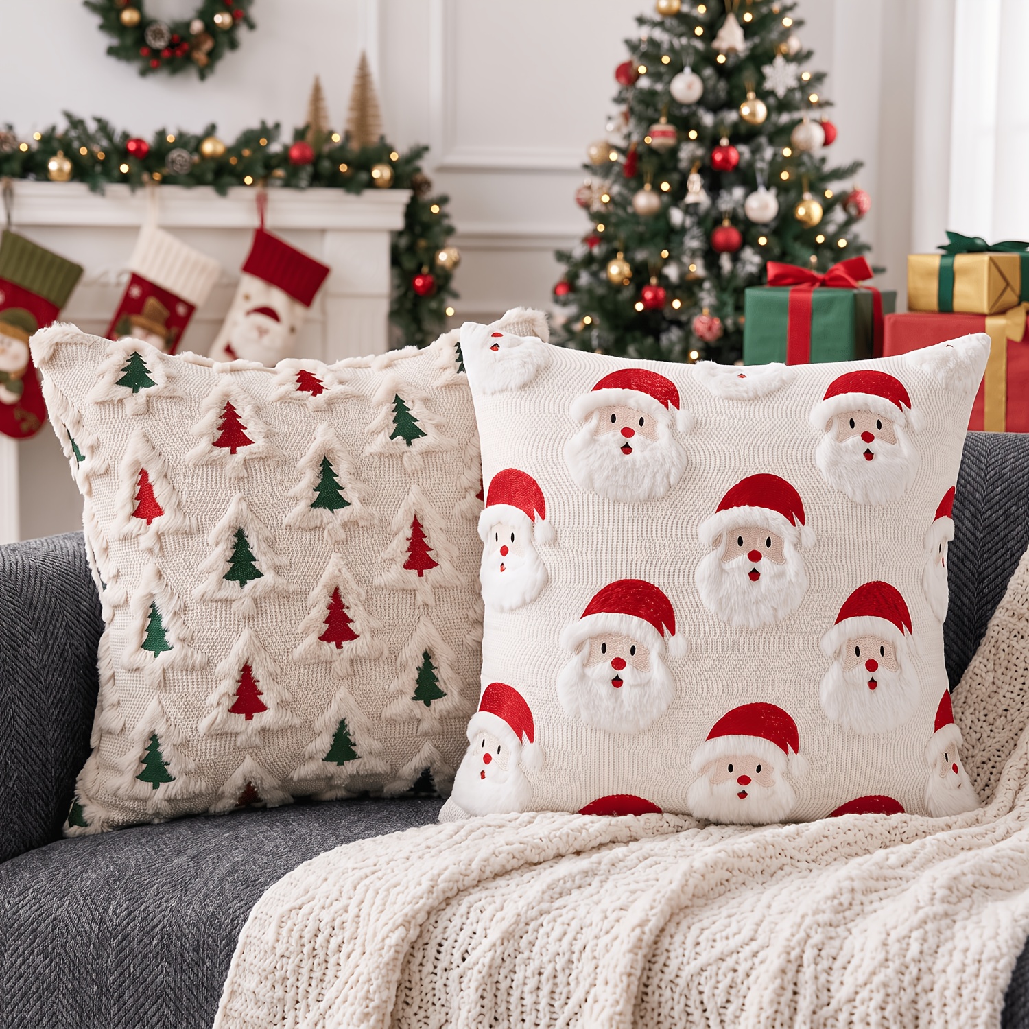 TEMU 2pcs Christmas Embroidered Cushion Covers 18x18 Inch, Premium Throw Pillow Cases With Santa And Christmas Tree Embroidery, Cozy Holiday Decor