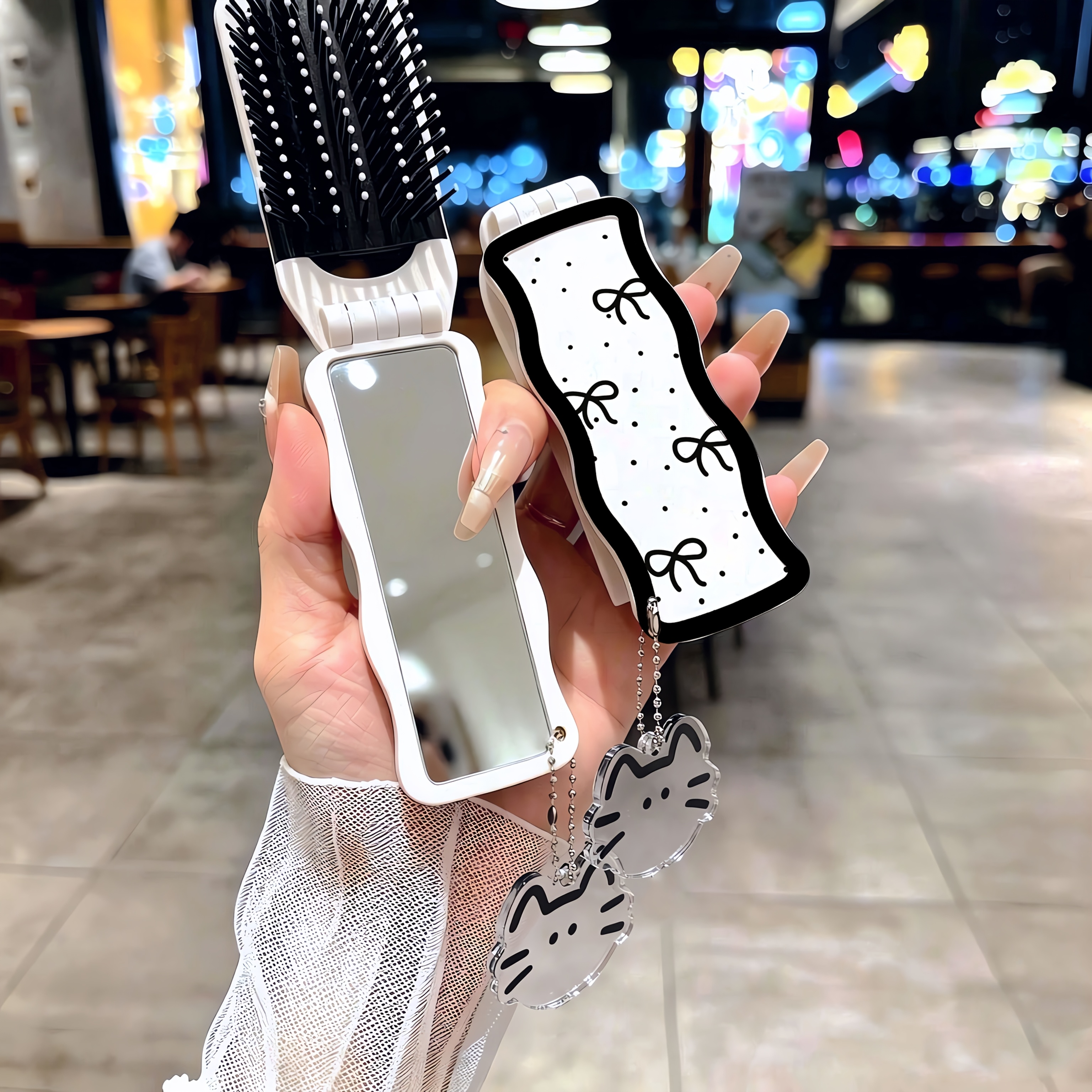 Image of Black Bow Integrated Folding Comb Compact Mirror Comb With Air Cushion - Portable Travel Makeup Mirror With Adjustable Stand - With Cute Charms - Gift