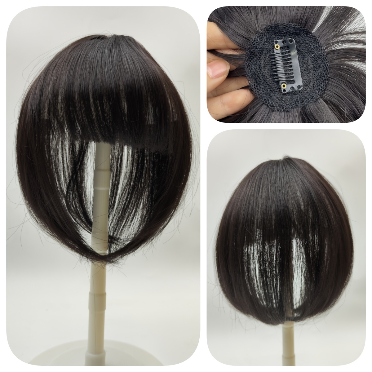 elegant 8 inch clip in hair topper with bangs for women natural looking straight synthetic hair extensions to cover thinning gray hair comfortable undetectable details 4