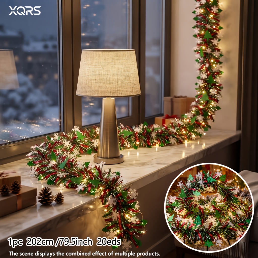 TEMU 1pc Warm-light Christmas Garland With Snowflake And Christmas Tree-shaped Sequins, 202cm (79.5in), 20 Leds; Features Colorful, Glowing Sequins -