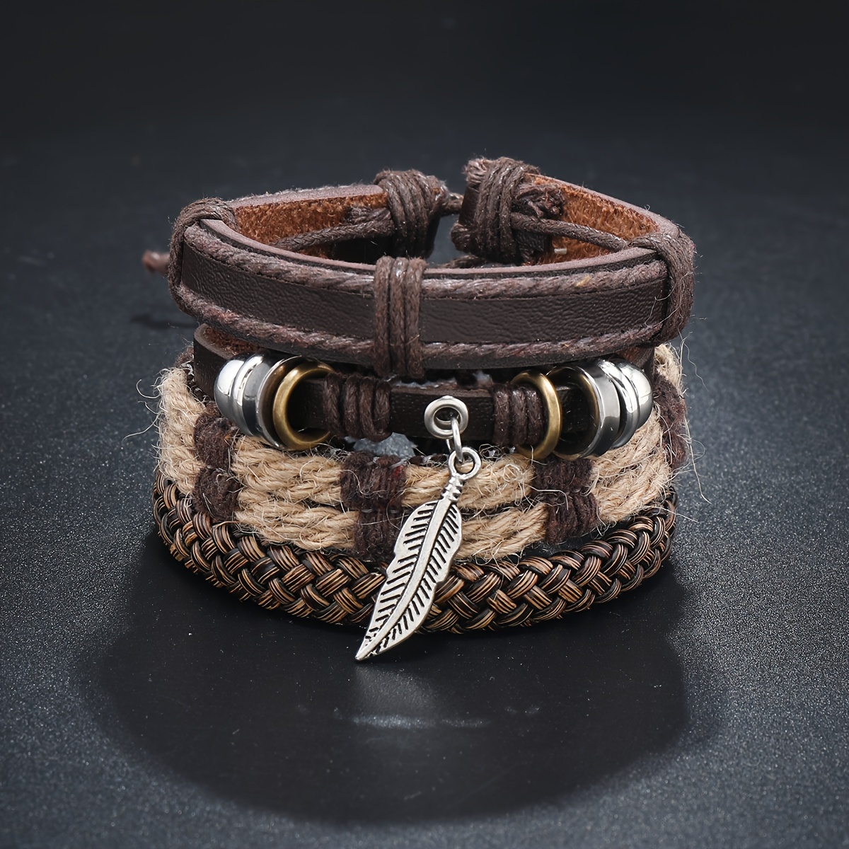 

Vintage-style Men's Layered Pu Leather Wrap Wrist Bands With Wood Beads, Straw Rope, And Leaf Charm - Adjustable Hand-woven Cuff Set For Men