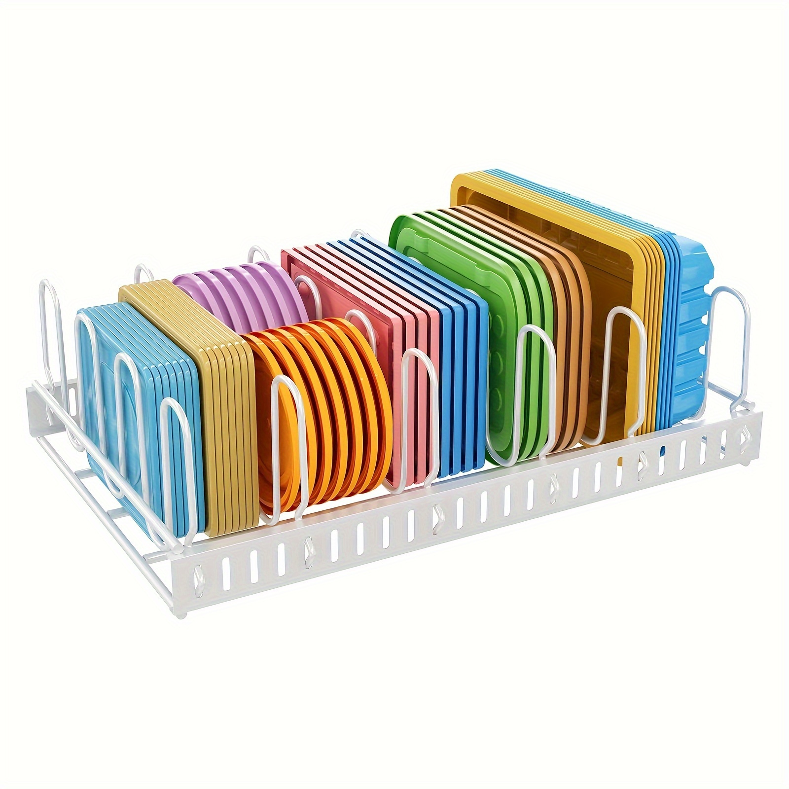 

1pc Food Container Lid Organizer With 6 Adjustable Dividers, Metal Lid Holder Storage Rack, Container Lid Organizer For Cabinets, Cupboards, Pantry, Drawers