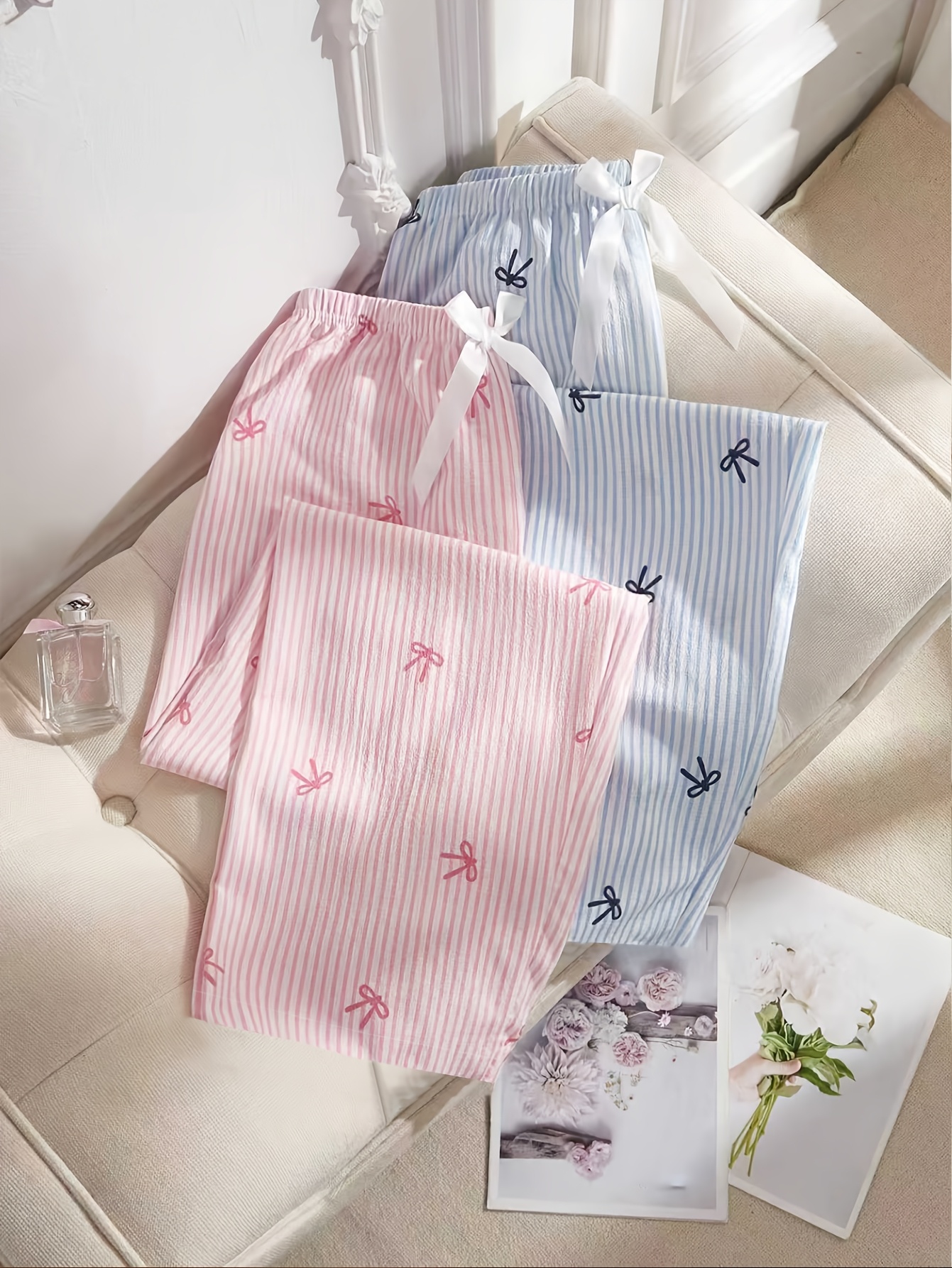 Women’s Pink & Blue Bow Print Striped Lounge Pants – Pack of 2