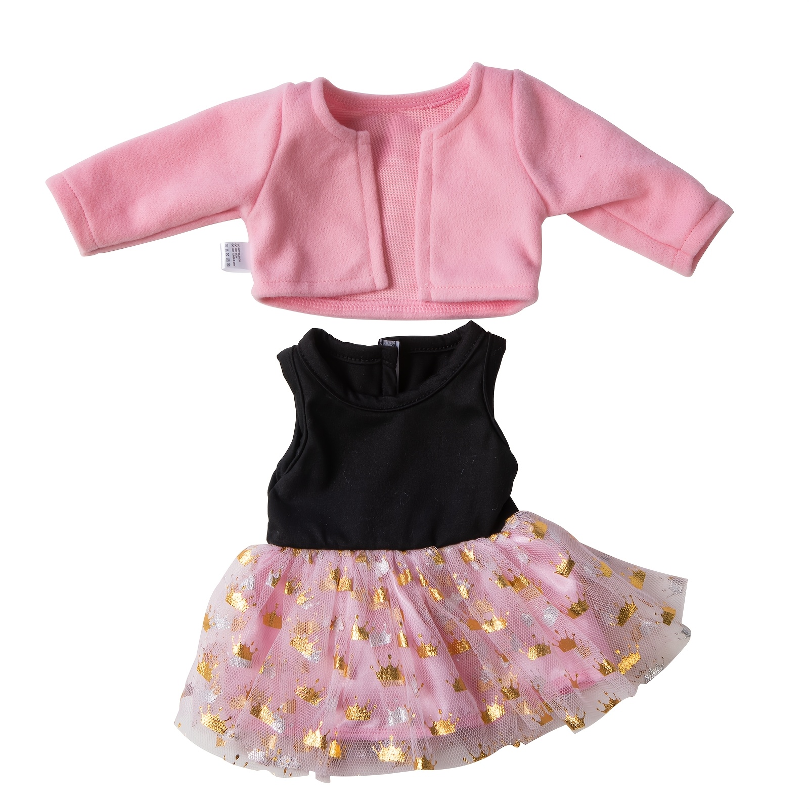 TEMU Conjunto de Vestido Tutú con Estampado de Corona Dorada para Muñeca, para Muñecas de 17 Pulgadas/43 cm, Vestido sin y Abrigo Rosa, Traje para