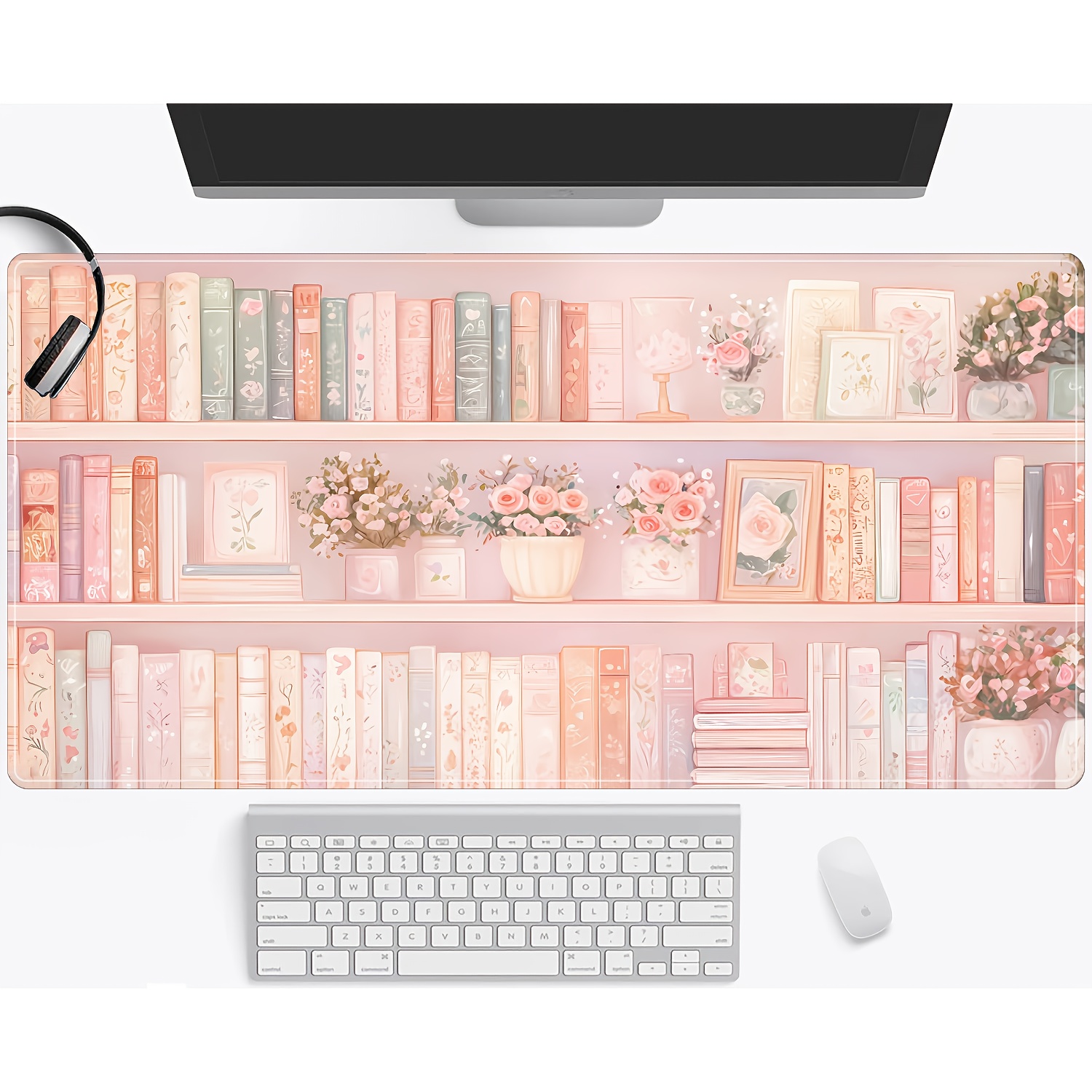 TEMU 1pc Bookshelf And Flower Large Gaming Mouse Pad - Non-slip Rubber Base, Stitched Edge, Suitable For Home And Office, Keyboard And Mouse