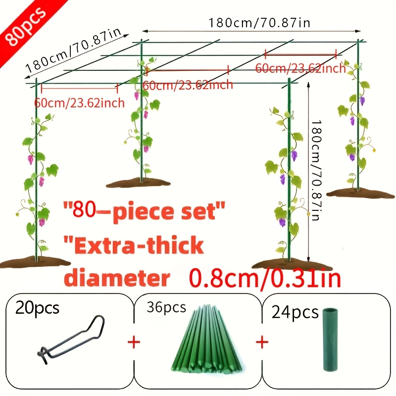 E-shop 80 robuste Metall Garten Rankgitter Stützrahmen - Extra dick, 0.8 cm Durchmesser, 36 Stangen, 23.62 Zoll lang + 24 Verbindungsstücke + 20 feste