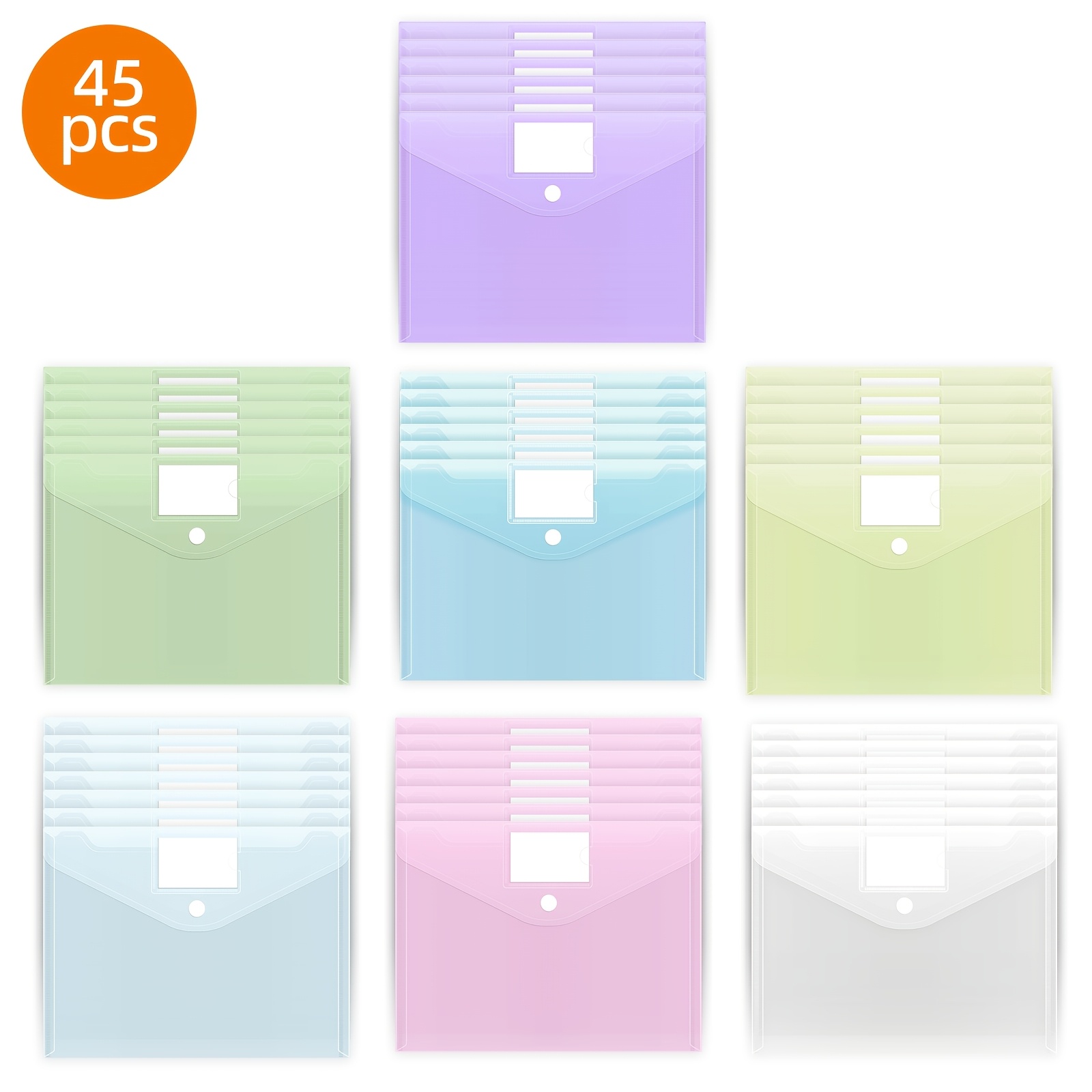 TEMU Tomnk 45pcs Clear Envelopes With Closure And Label Pocket, Pp Material, Large Capacity Colored Document Bags, A4 Letter Size, Suitable For Back