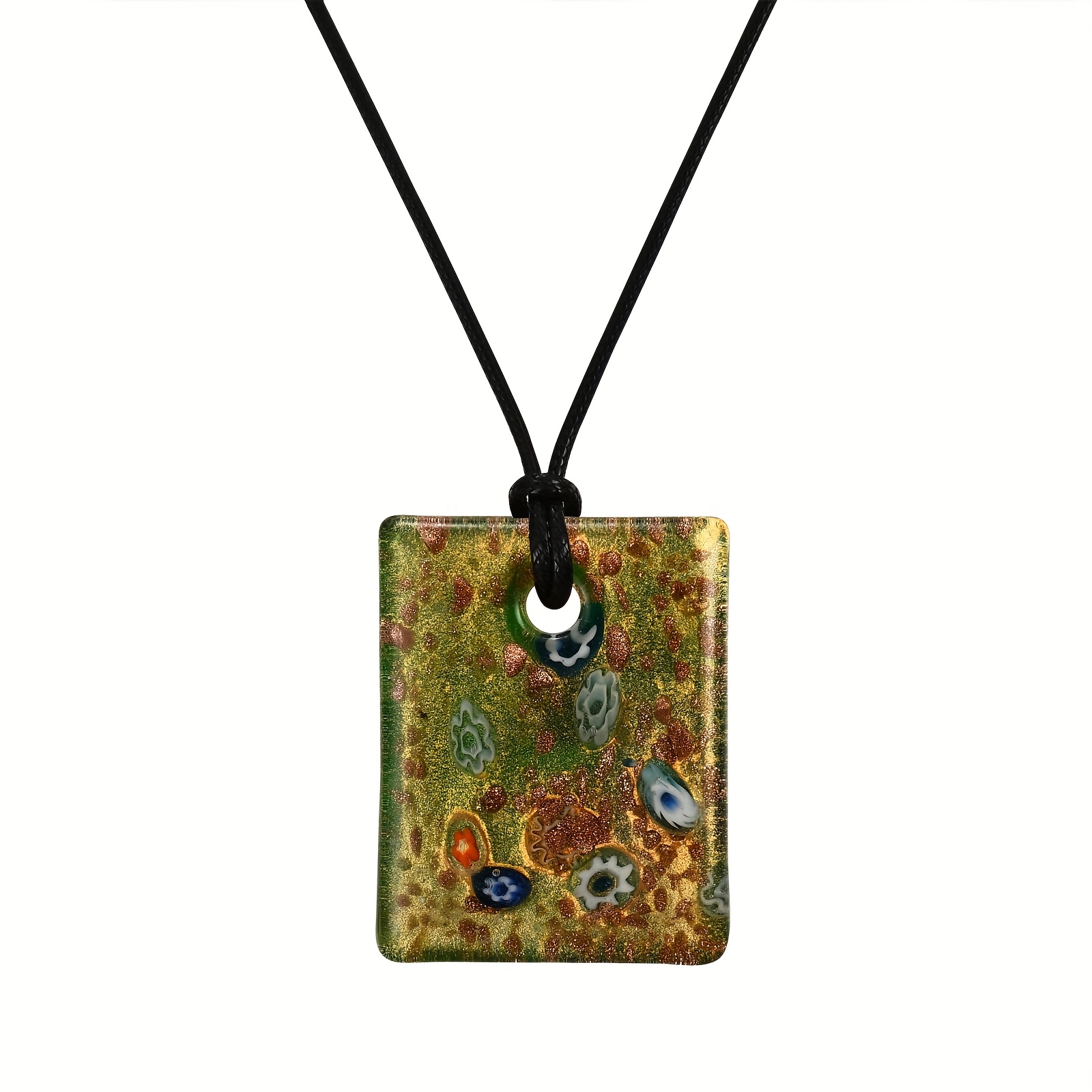 Hand-Fired Floral Pattern Square Glass Pendant Necklace