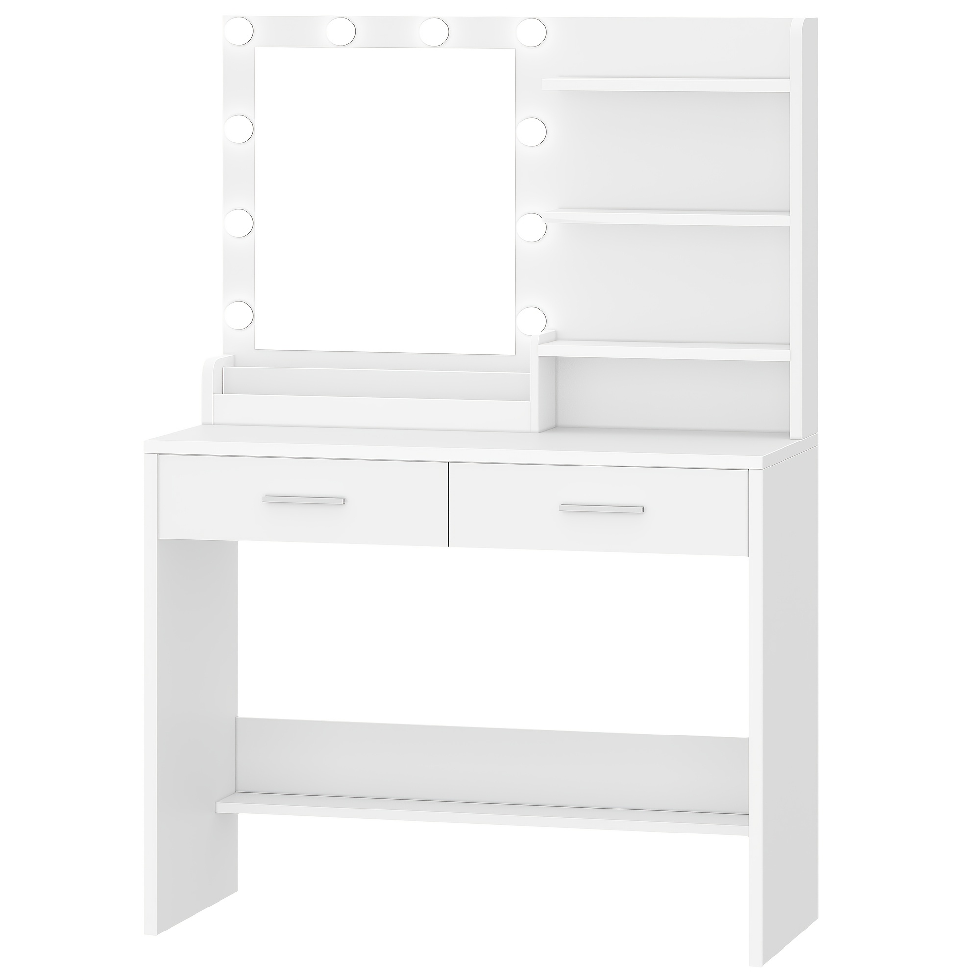 TEMU Table de maquillage 90 cm avec , éclairage LED, 3 niveaux de luminosité, 2 tiroirs, 4 étagères ouvertes et 2 compartiments, moderne, blanc
