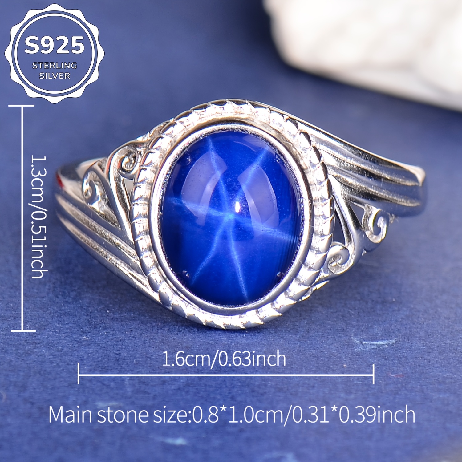 925 Silver Starlight Blue Stone Adjustable Ring, Luxury Gift