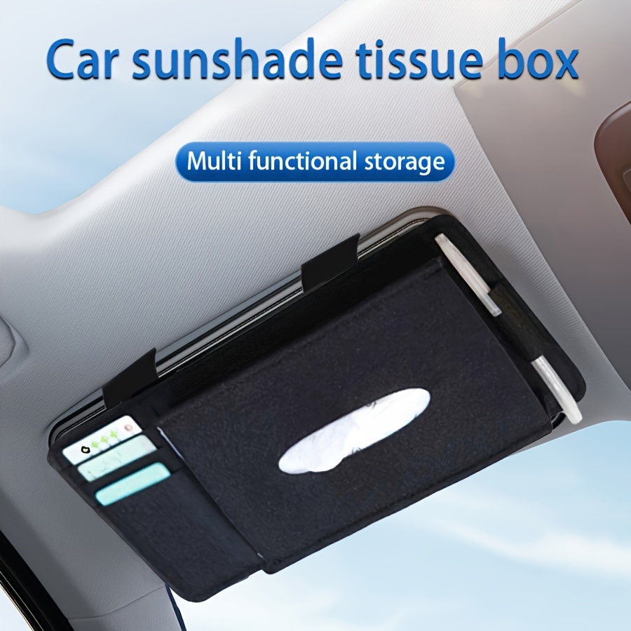 

1pc Polyester Fiber Car Sunshade Storage Box, Multi-functional Tissue Box Storage Box With Card Bill Clip, Placement Storage Box For Car Interior