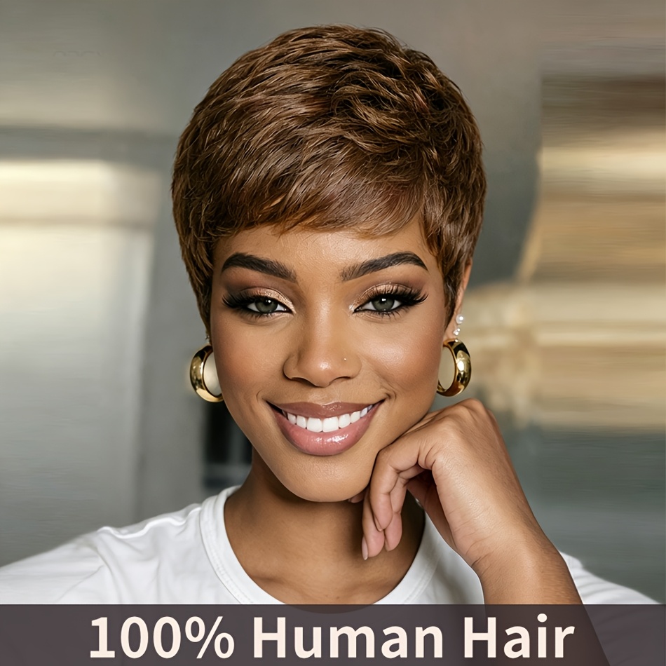 Image of Usexy Women's Brown 4# Cut Human Hair Wig With Bangs - Short Layered Straight Bob, 150% Density Suitable For Daily Wear, Parties, Holidays & Festivals, Machine-made Hair Wig For All &