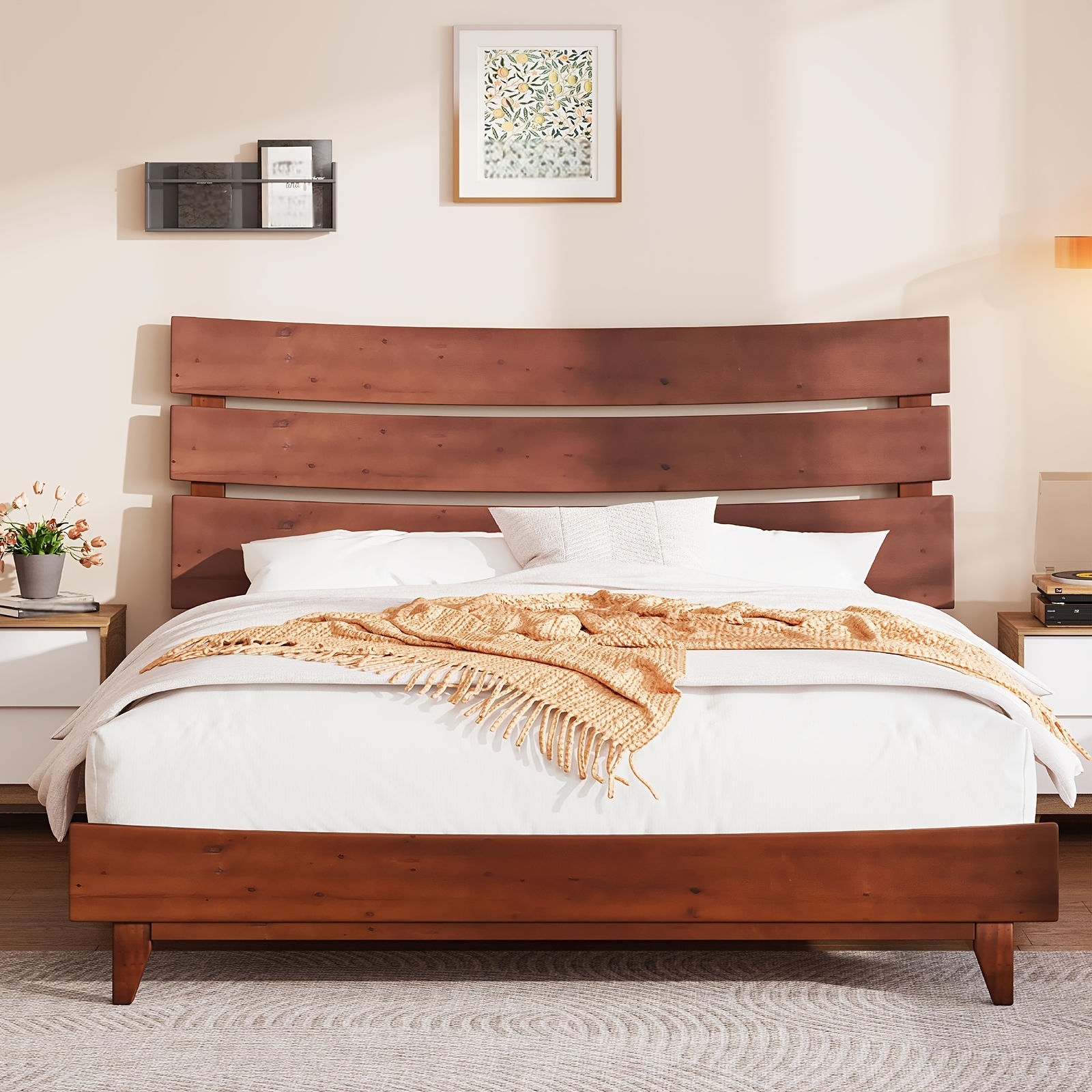 

King Size Solid Wood Platform Bed Frame With Wooden Headboard, Spring Needed, Easy