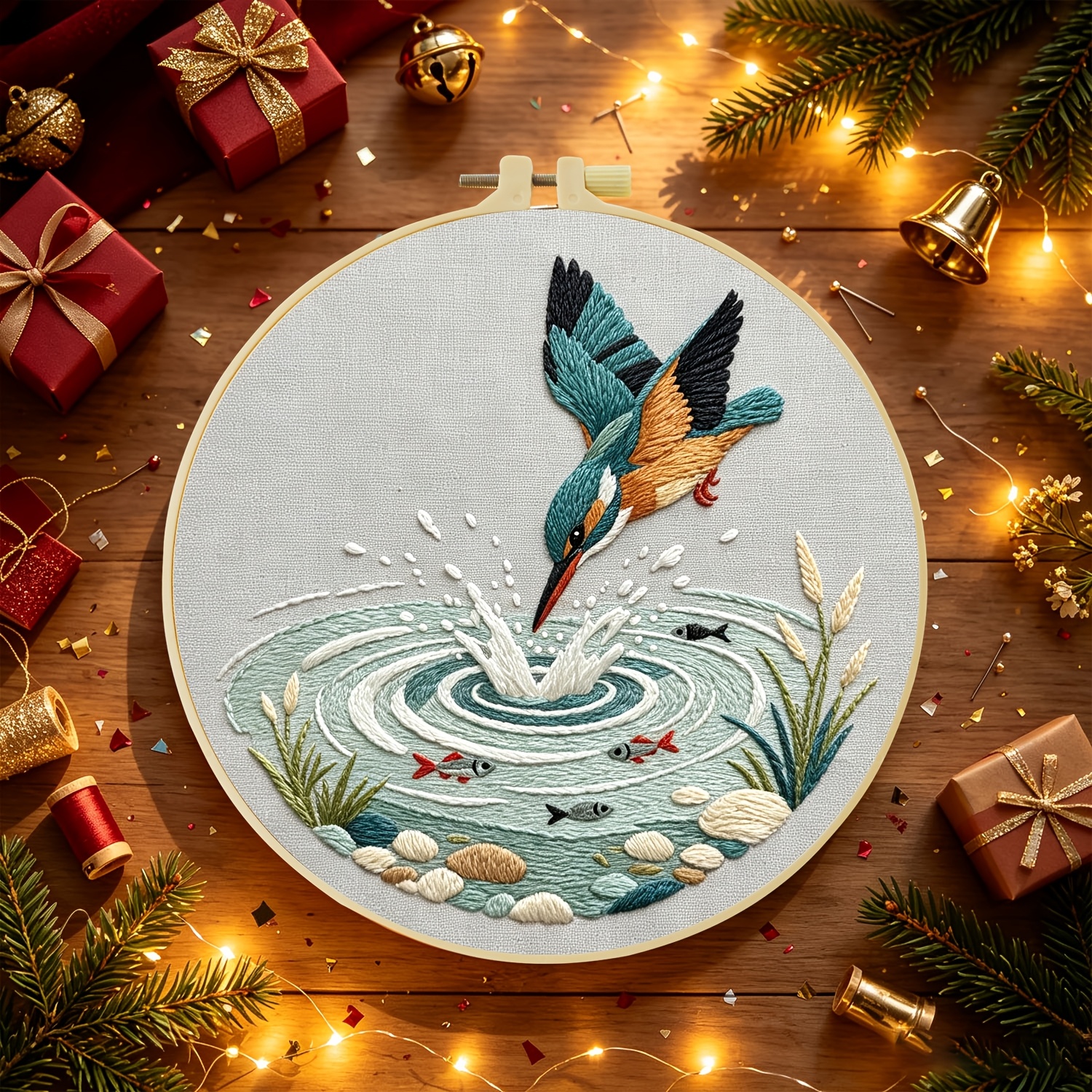 TEMU Full Set Beginner Embroidery Kit, Kingfisher Fishing, Hand Sewing Practice Set, With Embroidery Hoop And Thread, Handcraft Holiday Gift Home