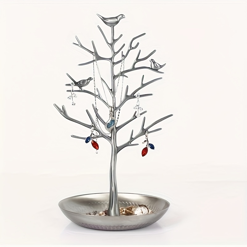 elegant bird   display stand metal necklace earring holder branches and birds design antique silver   for organizing and stylish storage jewelry tower  
