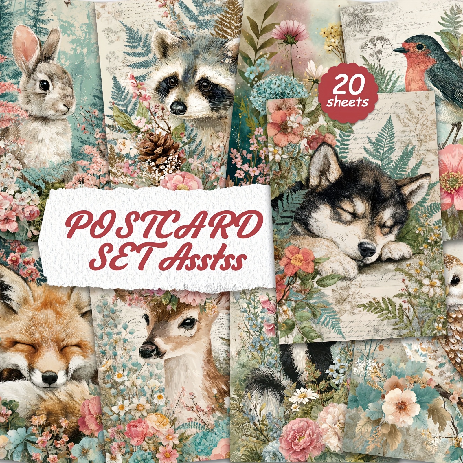 Image of Sets Of 20 Postcards Featuring Animal And Floral Designs, Perfect For Writing On Cardboard, Ideal For Smooth Surfaces, English Scrapbooking, Journaling, Crafts, And Greeting Cards