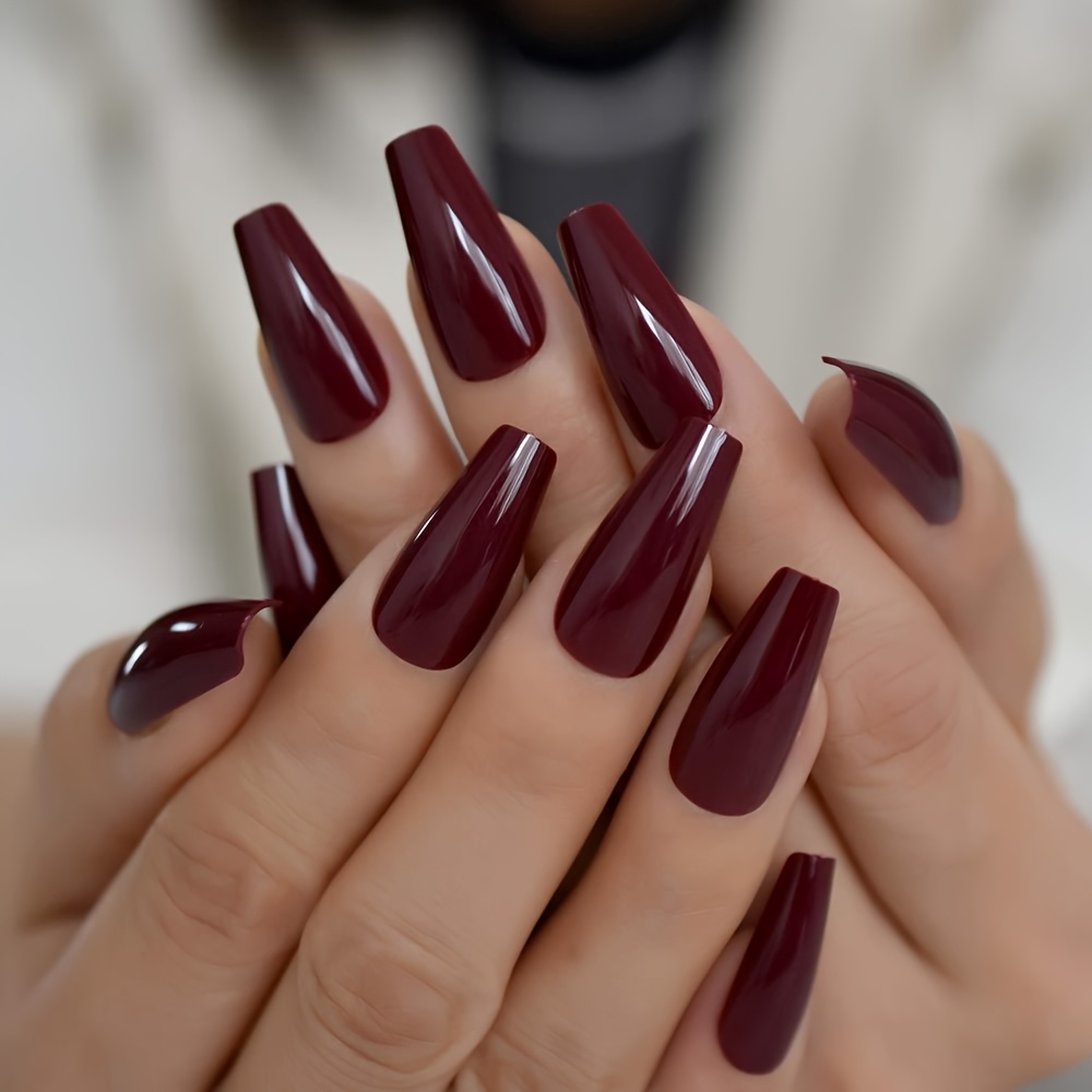 Image of 120pcs Maroon On Nails Long Square - Summer Fake Nails Press Ons Nails Tips Full Cover Design False Nails Nail Art Removable Press-on Nails, Ideal Gift For Women And