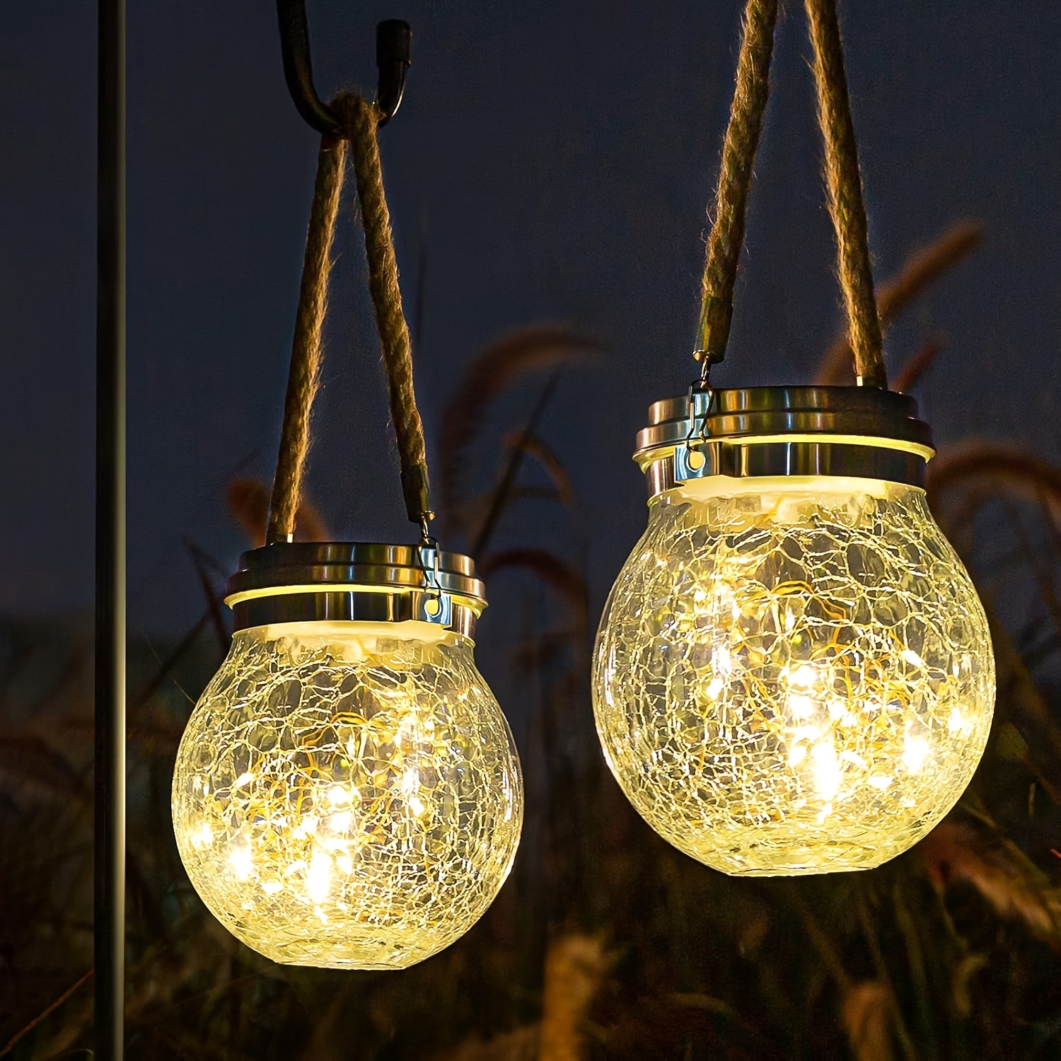 

Solar Glass Jar Lights Outdoor, 2 Led Hanging Lanterns, Auto , Warm White 3000k, 8 Hrs