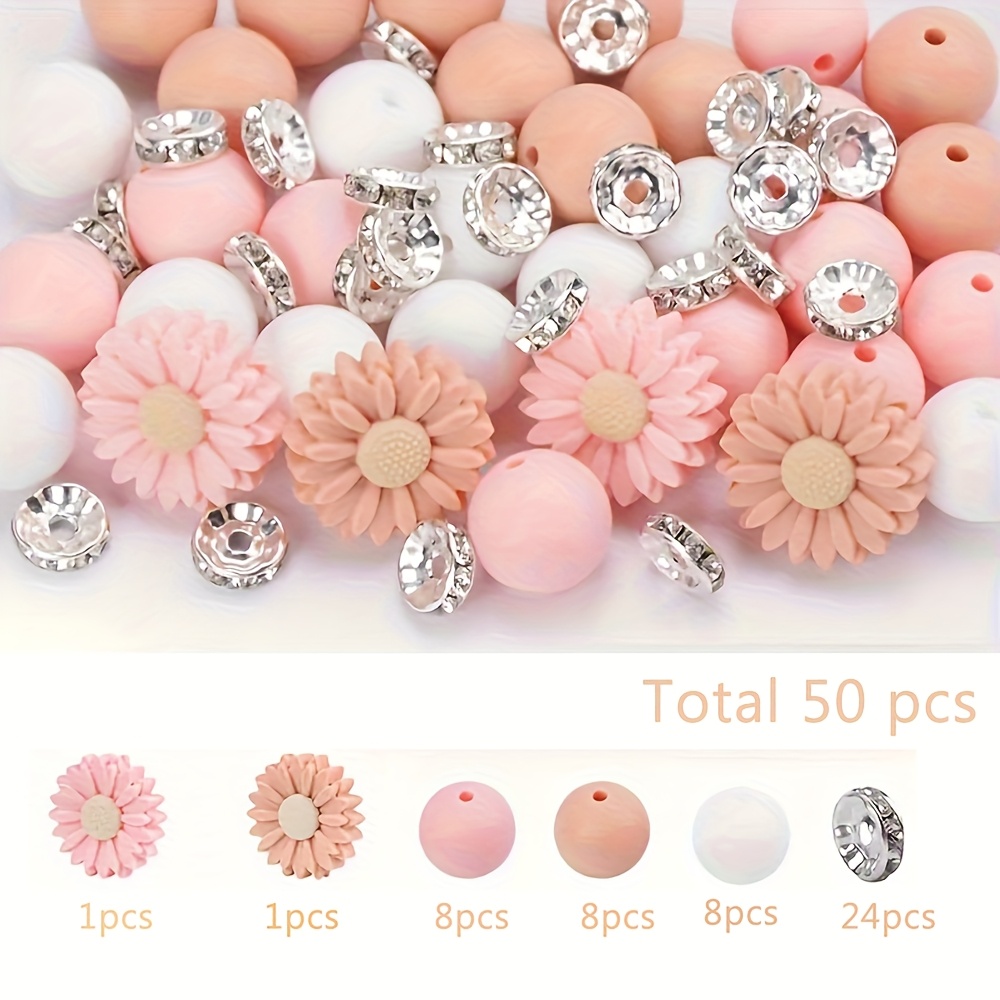 TEMU A Set Of 50 Daisy Rhinestones, Including 24pcs Of 12mm Round Silicone Beads, 2pcs Of Daisy Sunflower Silicone Beads, And 24pcs Of 10mm Sparkling