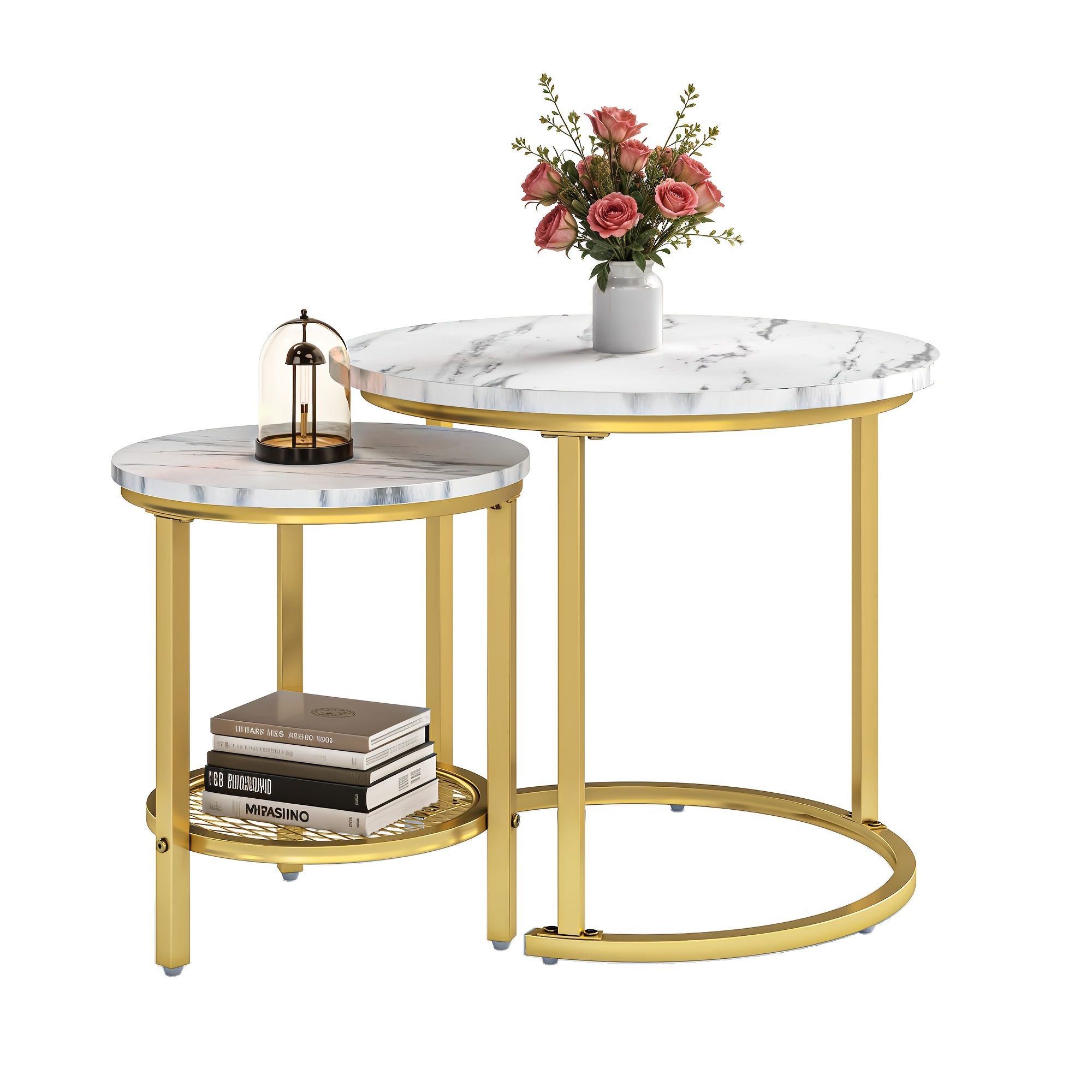 Round Coffee Table 2pcs Set With Storage Space, Stackable Side Table Wooden Golden Metal Frame , Space- Suitable For Living Room Home Office