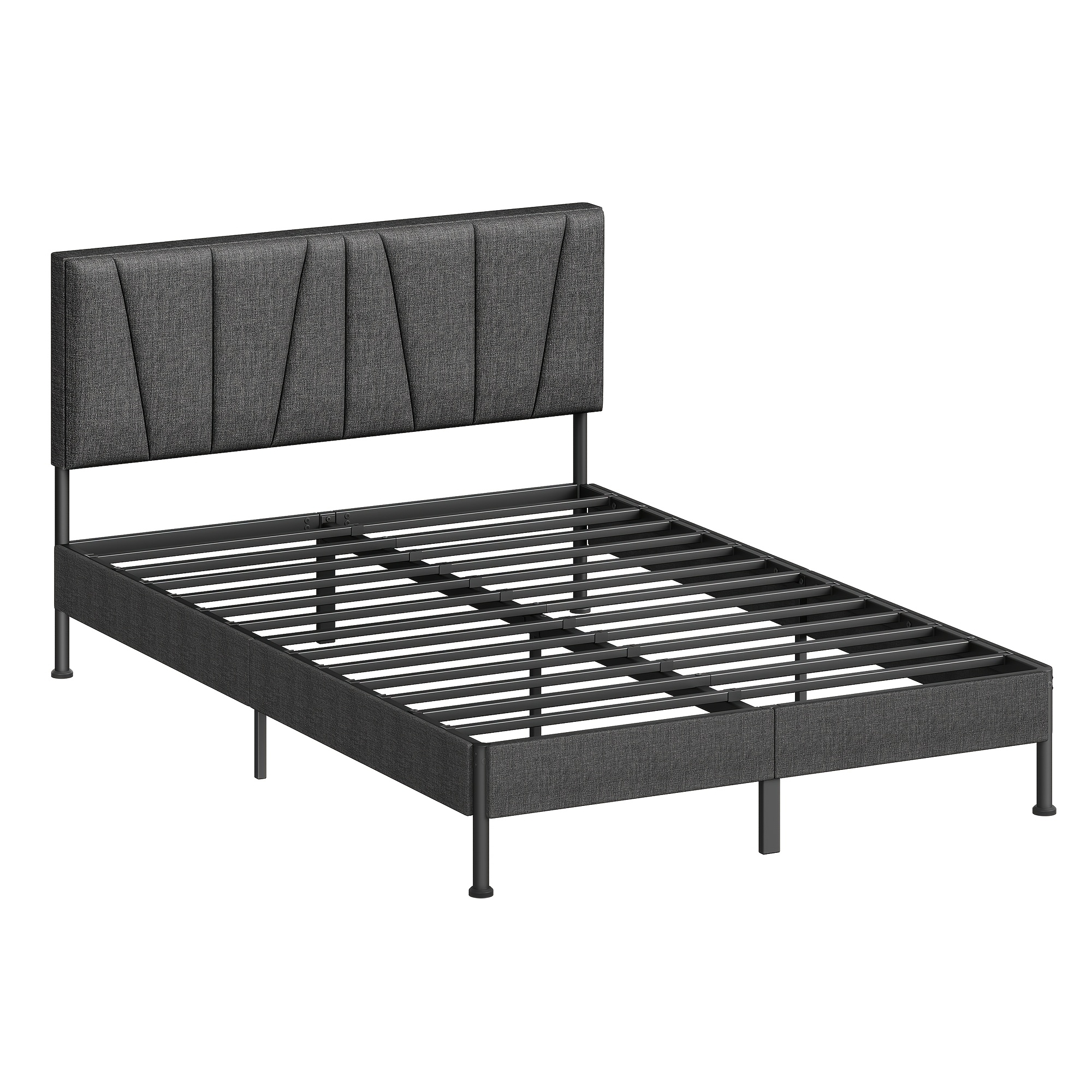 Image of 140×200cm Upholstered Bed, Bed Frame, Double Bed Frame With Upholstered Headboard, Metal Slat Bed Frame, Suitable For Bedroom, Dark Gray