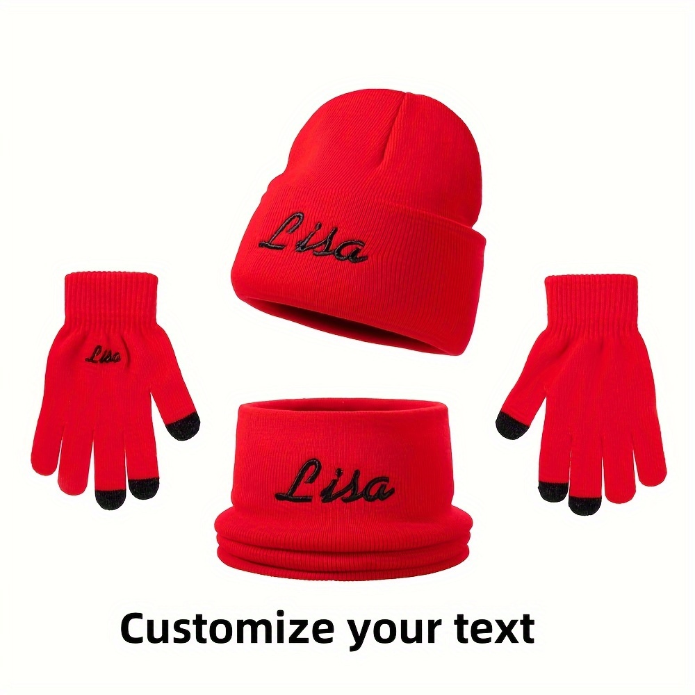 

Customizable Text Winter Knit Beanie, Scarf, And Touchscreen Gloves 3-piece Set – 100% Acrylic Spandex , Charm Style, Embroidered Personalization For Men