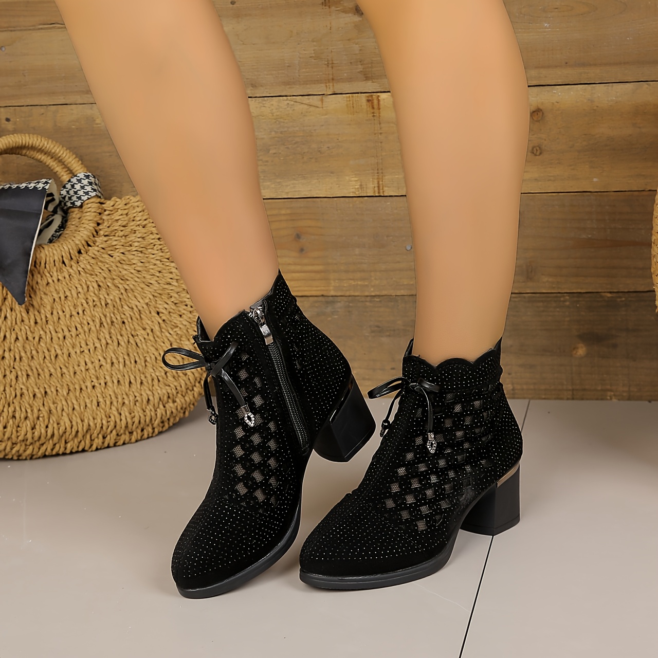 TEMU Fashion Hollow Mesh Boots, Spring Summer Mid-heel Rhinestone Women's Boots, Chunky Heel, Casual Versatile For Women, Trendy Mix-and-match, Women