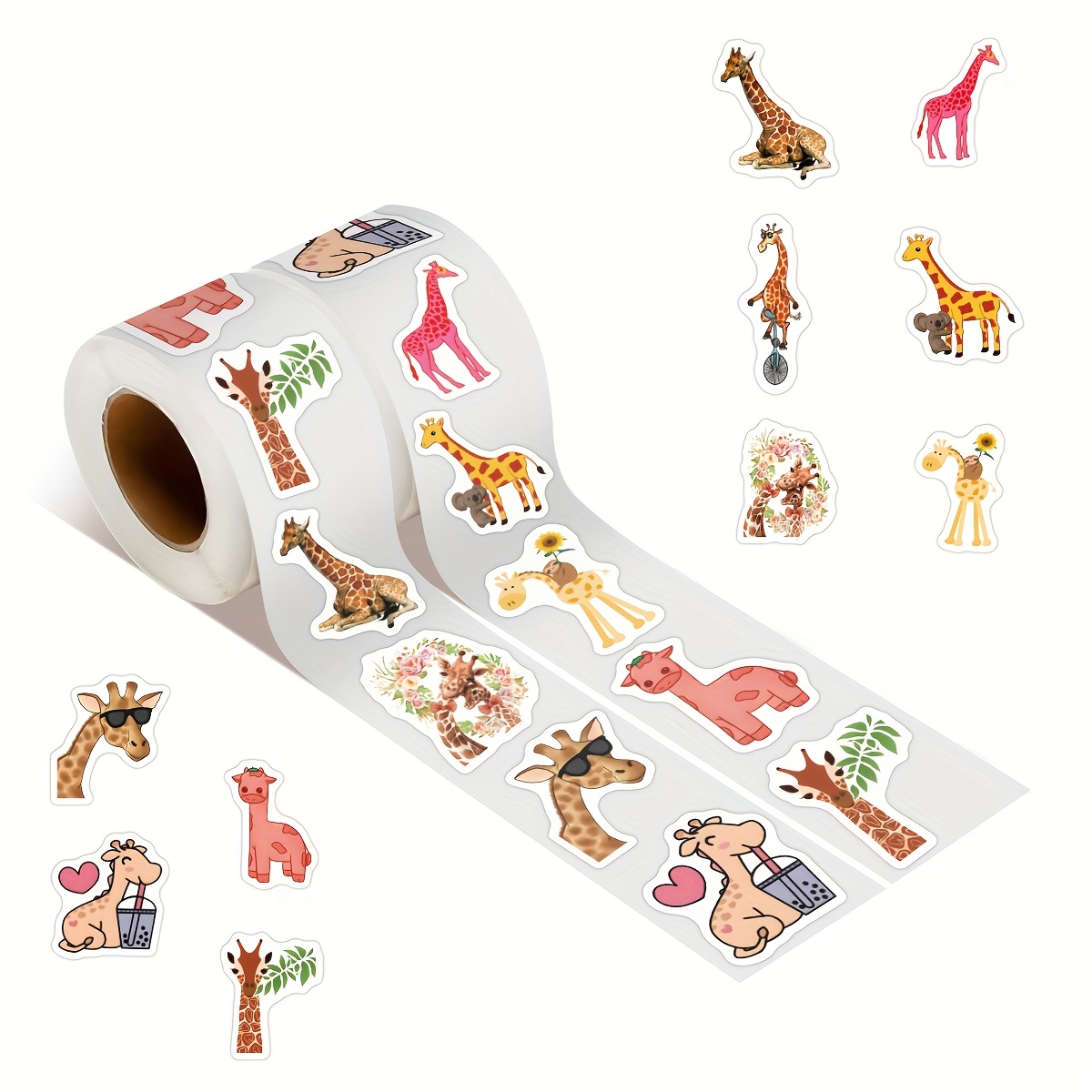 Image of Roll Of 500 Giraffe Vinyl Stickers For Aesthetic Use, Perfect For Scrapbooking, Journals, Bumpers, Skateboards, Water Bottles, Hard Hats, And