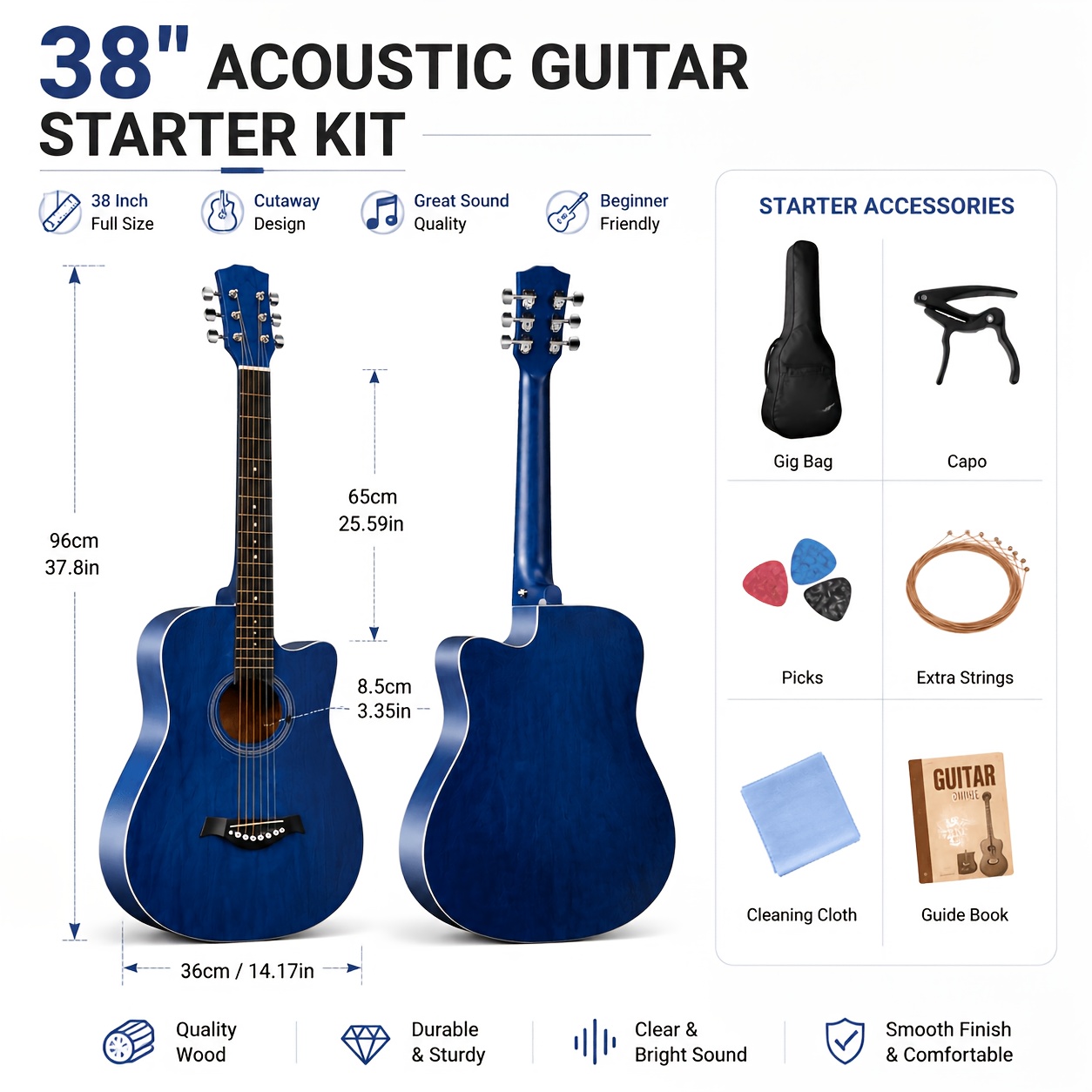 5 Colors Available 38" Acoustic Guitar Starter Kit 6-String... product image 3