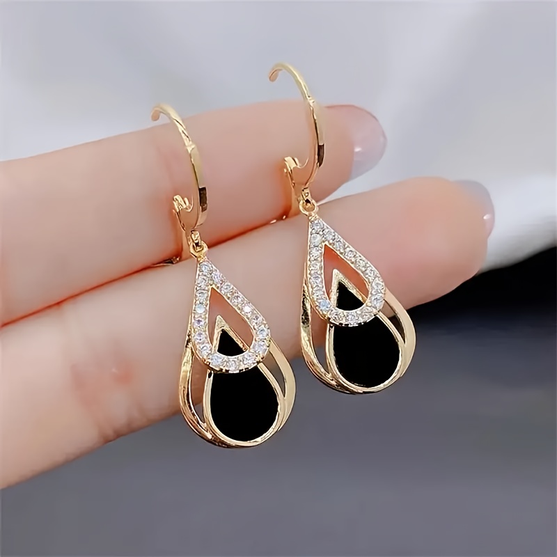 

Elegant Golden-tone Teardrop Earrings With Sparkling Cubic Zirconia & Black Enamel - Chic Geometric Dangle Jewelry For & Gifting