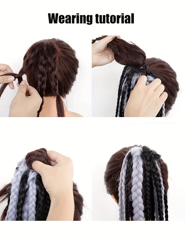 24 strand box braided ponytail extension for women high temperature synthetic hair with elastic band versatile straight style in black white hair accessories details 1