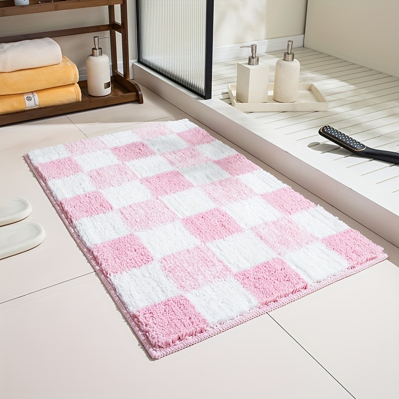 Bathroom Essential] Soft Plush Pink Checkered Bath Mat - Absorbent, Quick-dry, Thick Flocking, Non-slip Tpr Backing, Cozy & Decorative Bathroom Rug For Home, Bathroom Mat