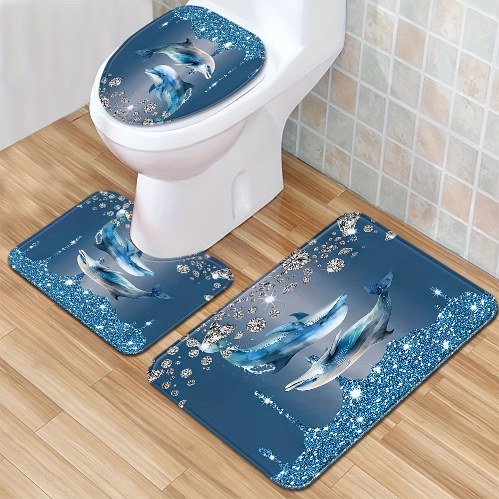 

1/3pcs Crystal Blue Dolphin Pattern Floor Mat Set, Toilet Cover Rug, Bathroom Rug, Toilet Water Absorbent Door Mat, Non-slip Floor Mat, Machine Washable Mat