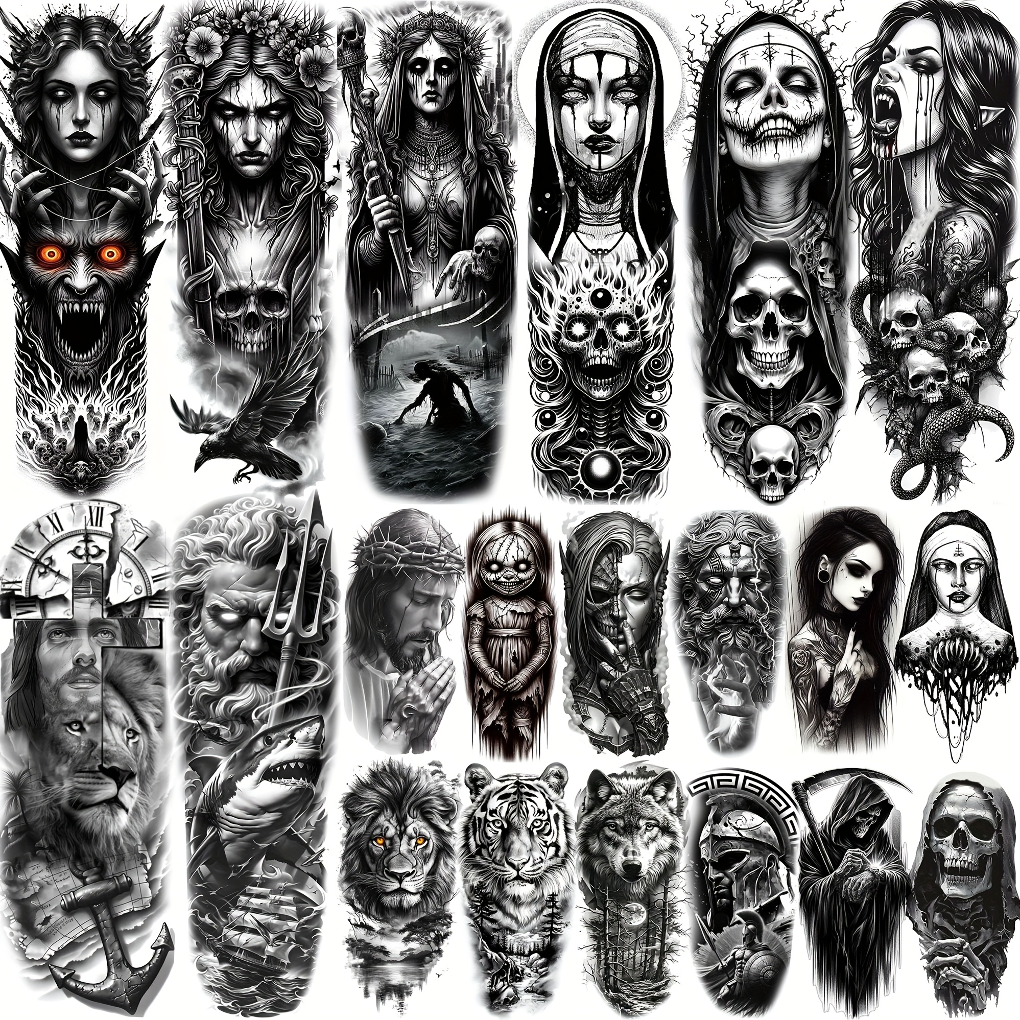 20 sheets   halloween temporary tattoos for adults full arm sleeve realistic gothic designs witch vampire zombie skull   animals waterproof long lasting   body art stickers for halloween parties costume events halloween clothes spooky tattoo designs   remove