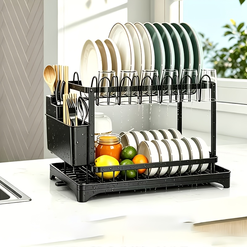 TEMU Dish Drain Rack, 2-layer Kitchen Countertop Dish Rack, Large Capacity With Drain Tray, Bowl Rack Storage Rack, With Cutlery Rack, Cup Rack,