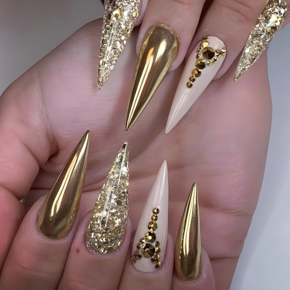 

24-piece Set Of Extra Long Stiletto Press-on Nails In Golden & Pink With Sparkling Rhinestones - Glossy Finish, Perfect For Women And Girls Fashion Nails For Women Press On Nails For Women Stiletto