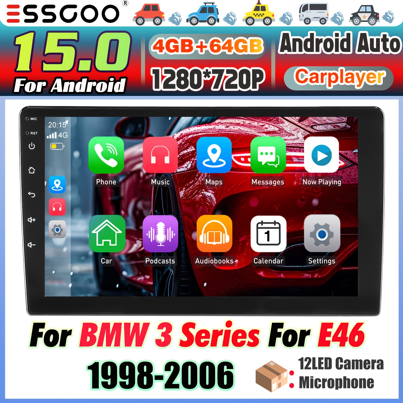 Essgoo 9 Inch 15 Car Stereo For E46 Radio(1998-2006) | 4+64gb Double Din Hd Touchscreen Radio For E46 Sedan/coupe/touring, Canbus Box, B-t, Gps , Wifi, Wireless Carplayer, Auto & Installation Kit