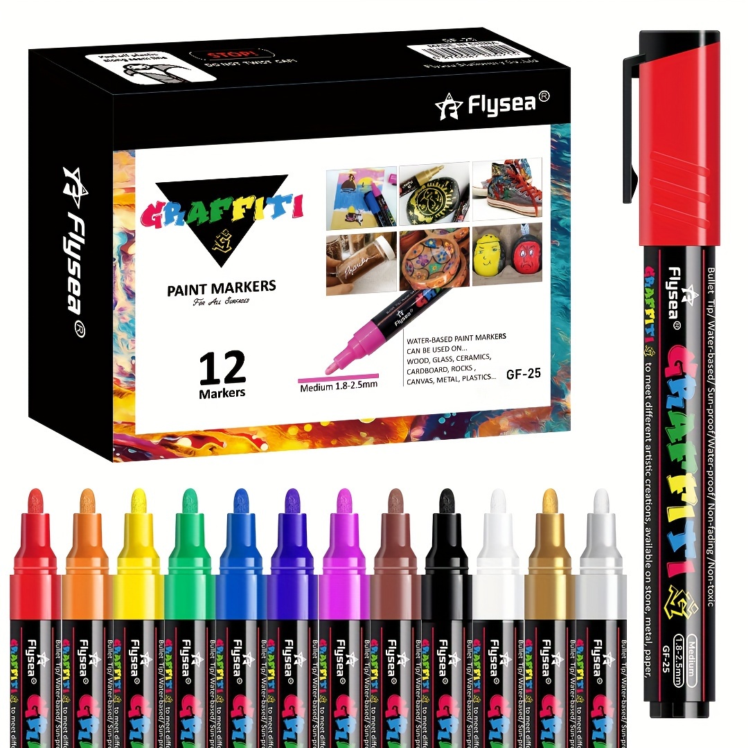 TEMU Flysea Pens - 12 Colors Permanent Acrylic Markers, Water Based, Quick Dry, Set For Art Supplies, Fabric Markers, Art Markers, Medium