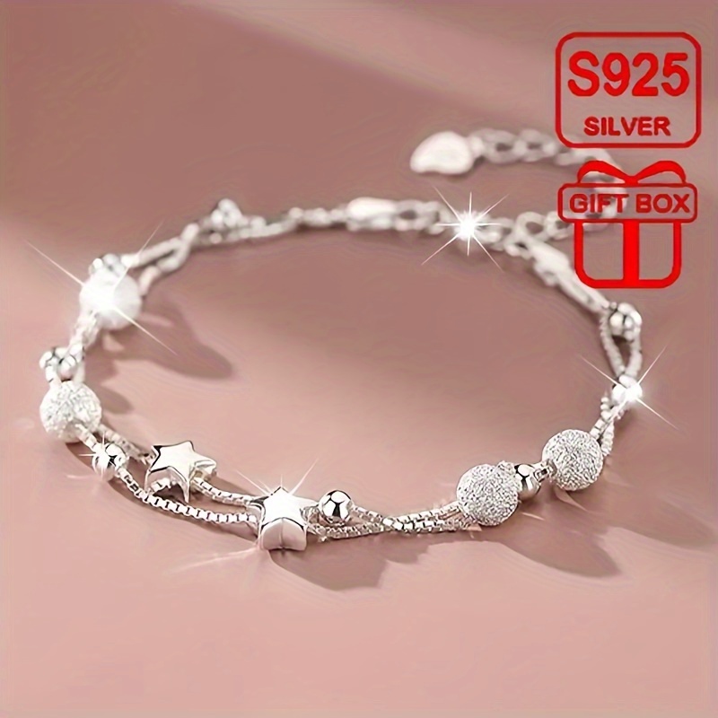 

1pc, Elegant & Classic Style, 925 Sterling Silvery Double Layer Chain, Match Star & Ball Shape Bracelet, Fashion Delicate Accessory For Vacation & Holiday, Idea Gift For Friends, Weight 2.2g