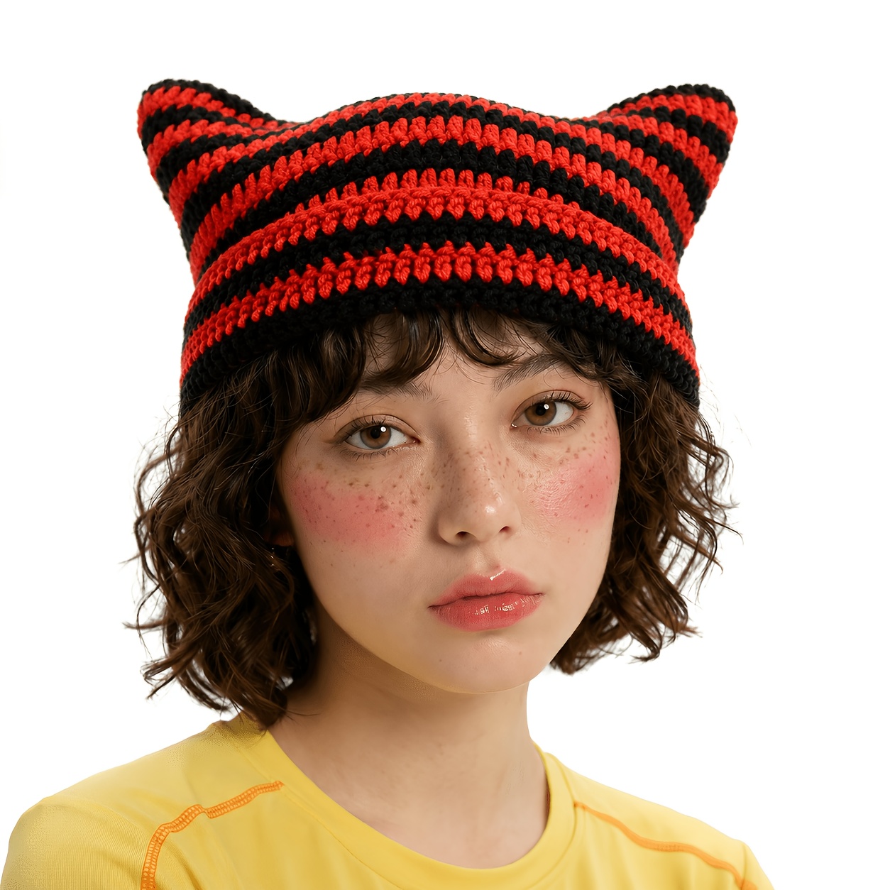TEMU Cat Ear Warm Women's Hat, Striped Hat, Use, Gift For And , Couple Gift, Christmas Present, Ear Hat Christmas