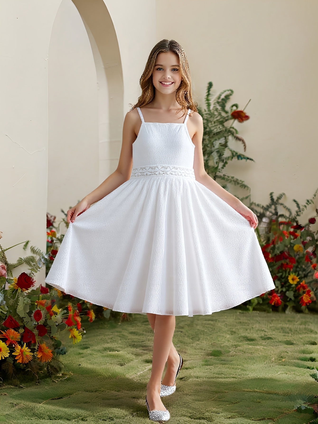 tween girls wedding dress solid color lace panel textured Temu