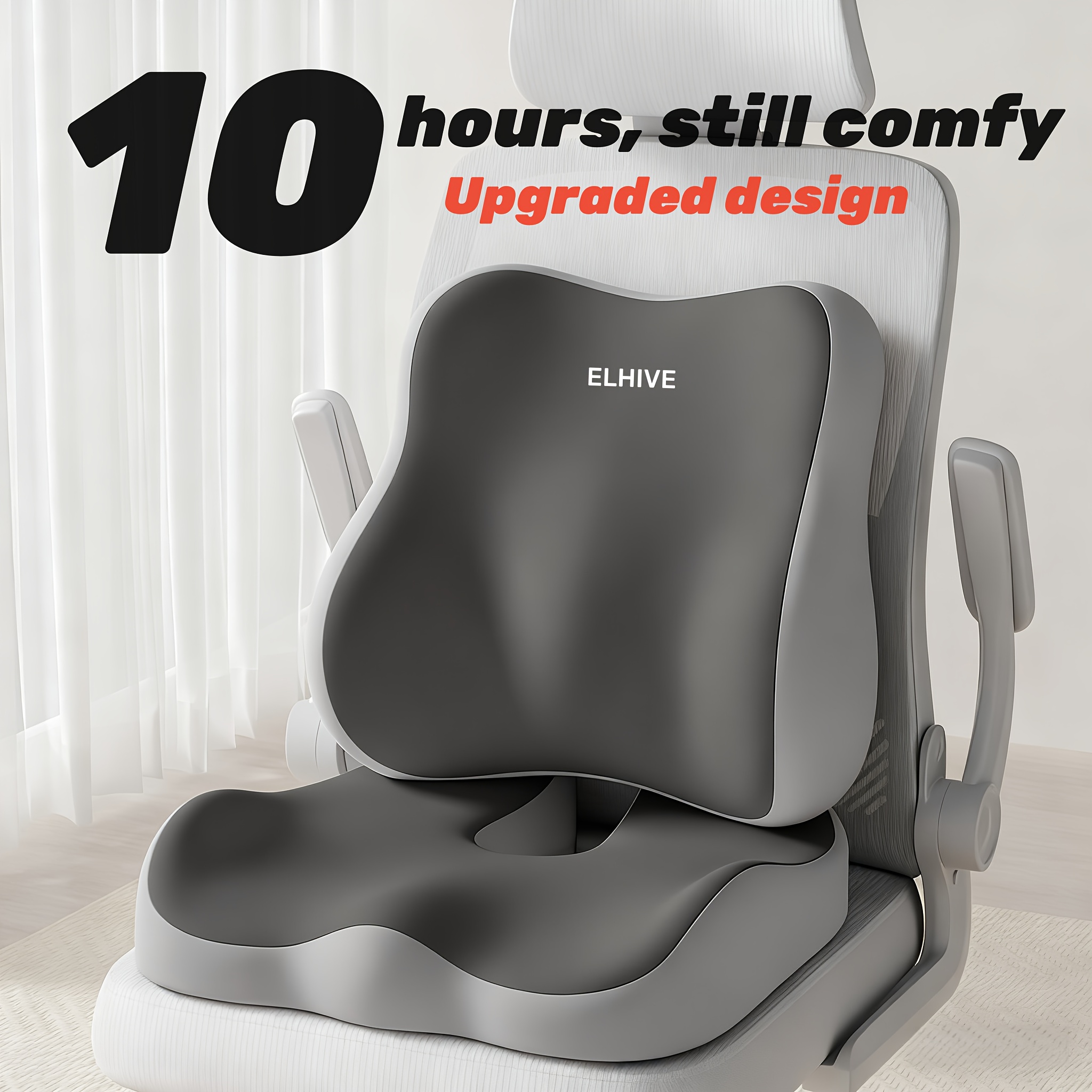 Ergonomic Memory Foam Seat Cushion and Lumbar Support Pillow Set | Slow Rebound, Medium Soft Firmness, Suitable for Office Chairs, Cars, Wheelchairs |, Grey, Polyester, ELHIVE