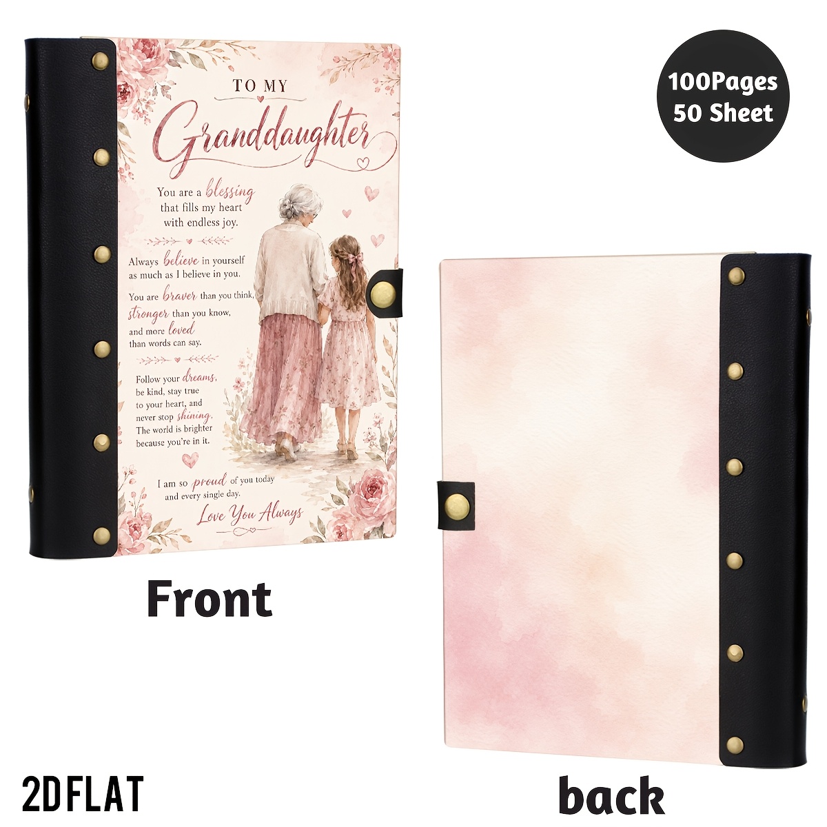 TEMU 1pc To My Granddaughter Wooden Hardcover Executive Notebook, Pink Floral Cover, Leather Bound Blank Lined Journal, Inspirational Family Keepsake