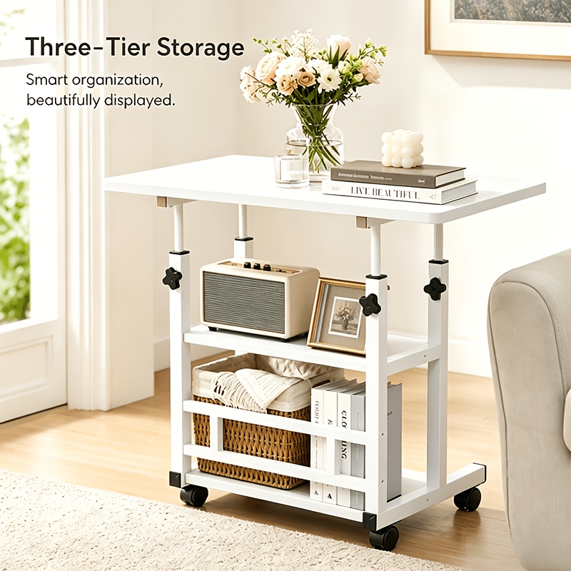 Image of 60x40cm Height-adjustable 3-tier Rolling Computer Desk With Storage Shelves - Foldable Mobile Study Desk, Manual Operation, Compact Space- Table For/s, Dorm, Small Apartments, Easy Assembly