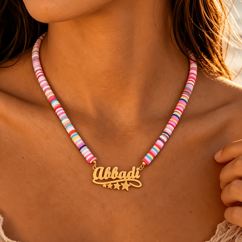 Custom Boho Name Clay Necklace with Star Pendant, Unisex