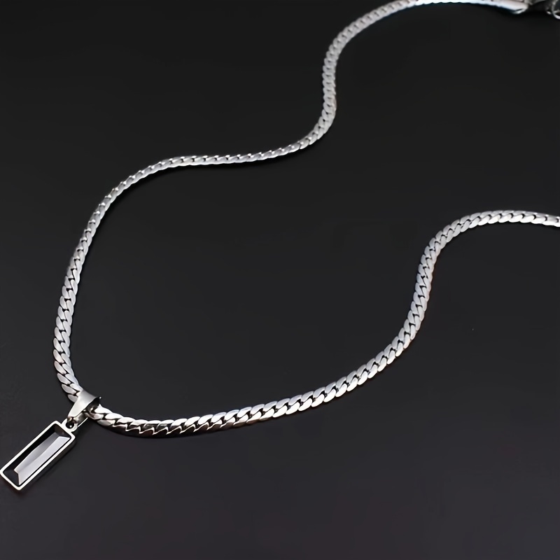 E-shop 1 Edelstahl Flache Kette Lässiger Stil Modischer Minimalistischer Herren Schwarzer Anhänger Halskette
