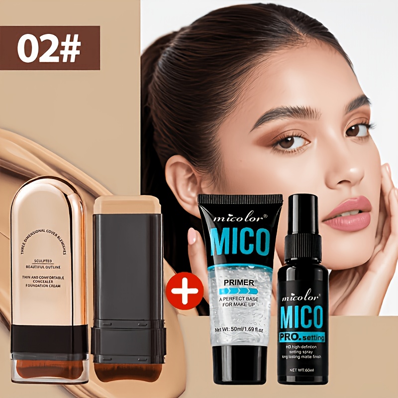 TEMU 3pcs 3-in-1 Makeup Set, 2-in-1 Foundation And Contour And Rose Golden Makeup Brush - Full Coverage, Moisturizing Waterproof End Long-lasting