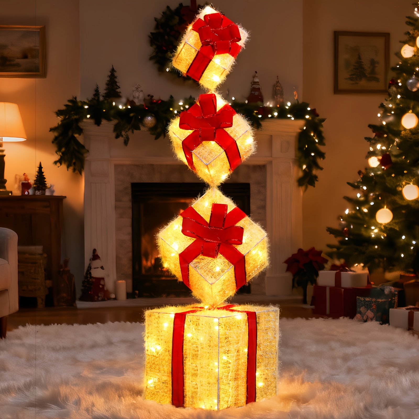 TEMU 4-pack Quntis Lighted Holiday Displays Christmas Gift Box Led, Blue, Silvery And Bow Iron Lamp, 8 Function +timer,stackable,warm White, 70